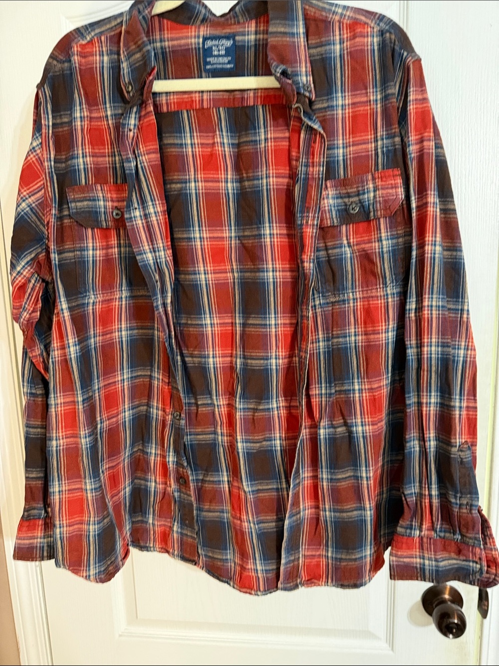 Faded Glory Orange, Navy Plaid Button-Up Shirt